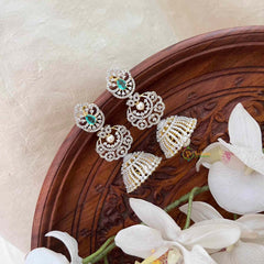 Vriksham Deep Aqua Green-AD Style Bridal With Pearl Accents & Tiered Chandbali Studs Jhumka Earrings-G21584