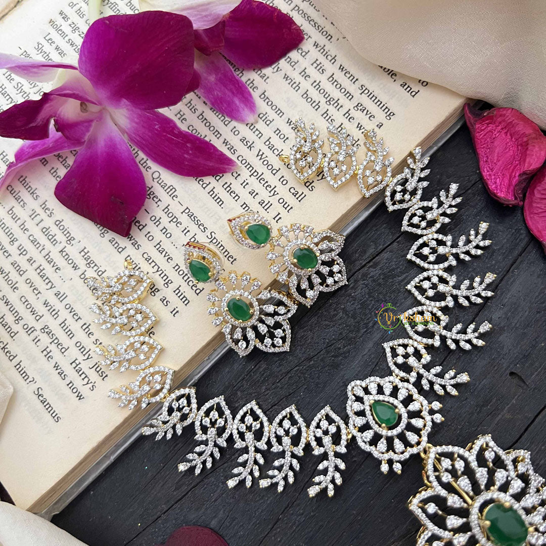 Vriksham Classic Leaf With Floral Emerald Green Pendant & Crystal Detailing AD Choker Neckpiece-G20205