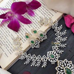 Vriksham Classic Leaf With Floral Emerald Green Pendant & Crystal Detailing AD Choker Neckpiece-G20205