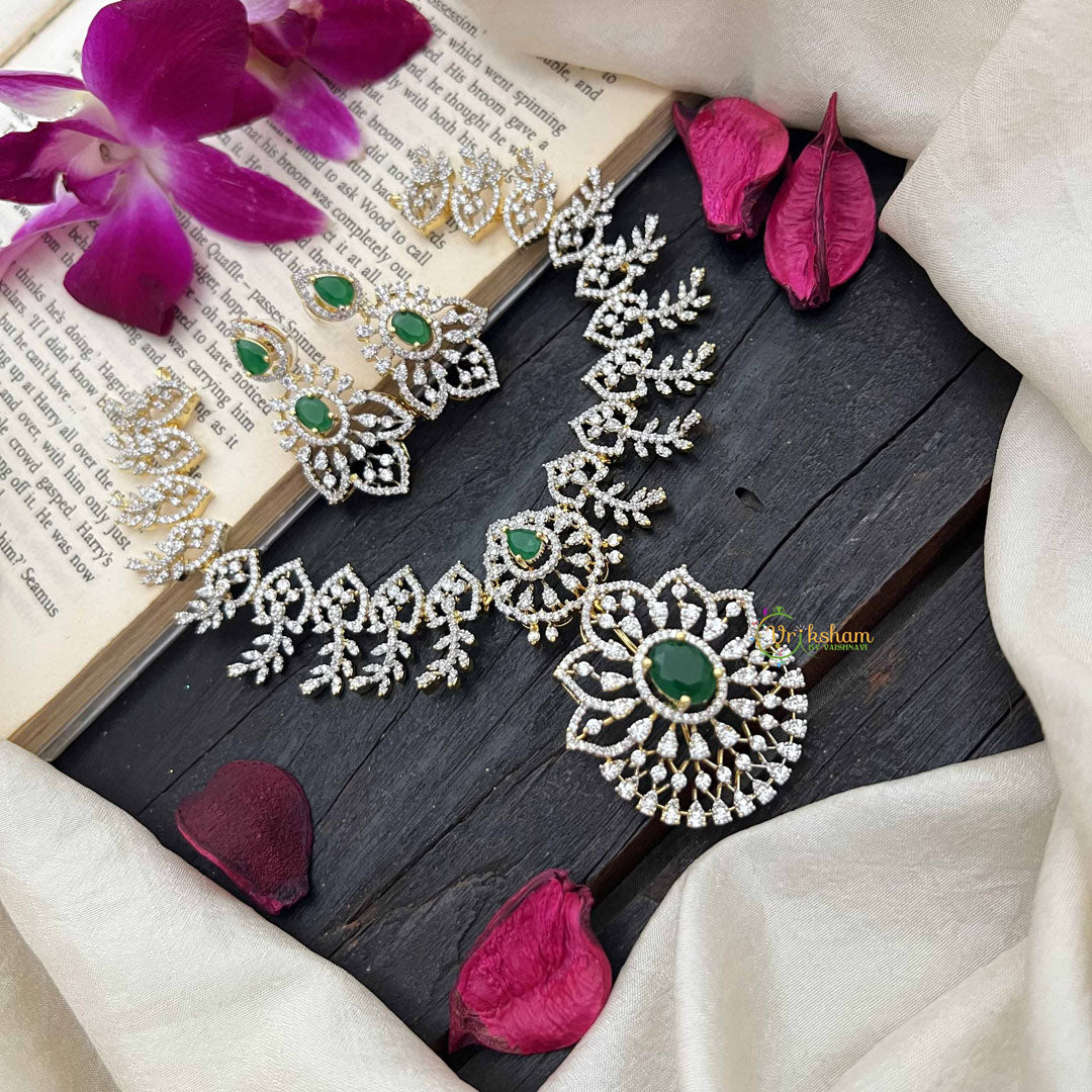 Vriksham Classic Leaf With Floral Emerald Green Pendant & Crystal Detailing AD Choker Neckpiece-G20205