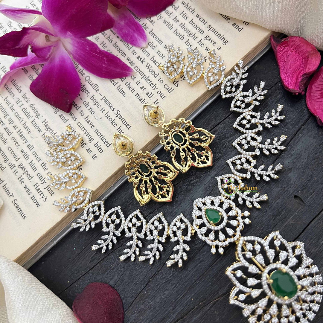 Vriksham Classic Leaf With Floral Emerald Green Pendant & Crystal Detailing AD Choker Neckpiece-G20205