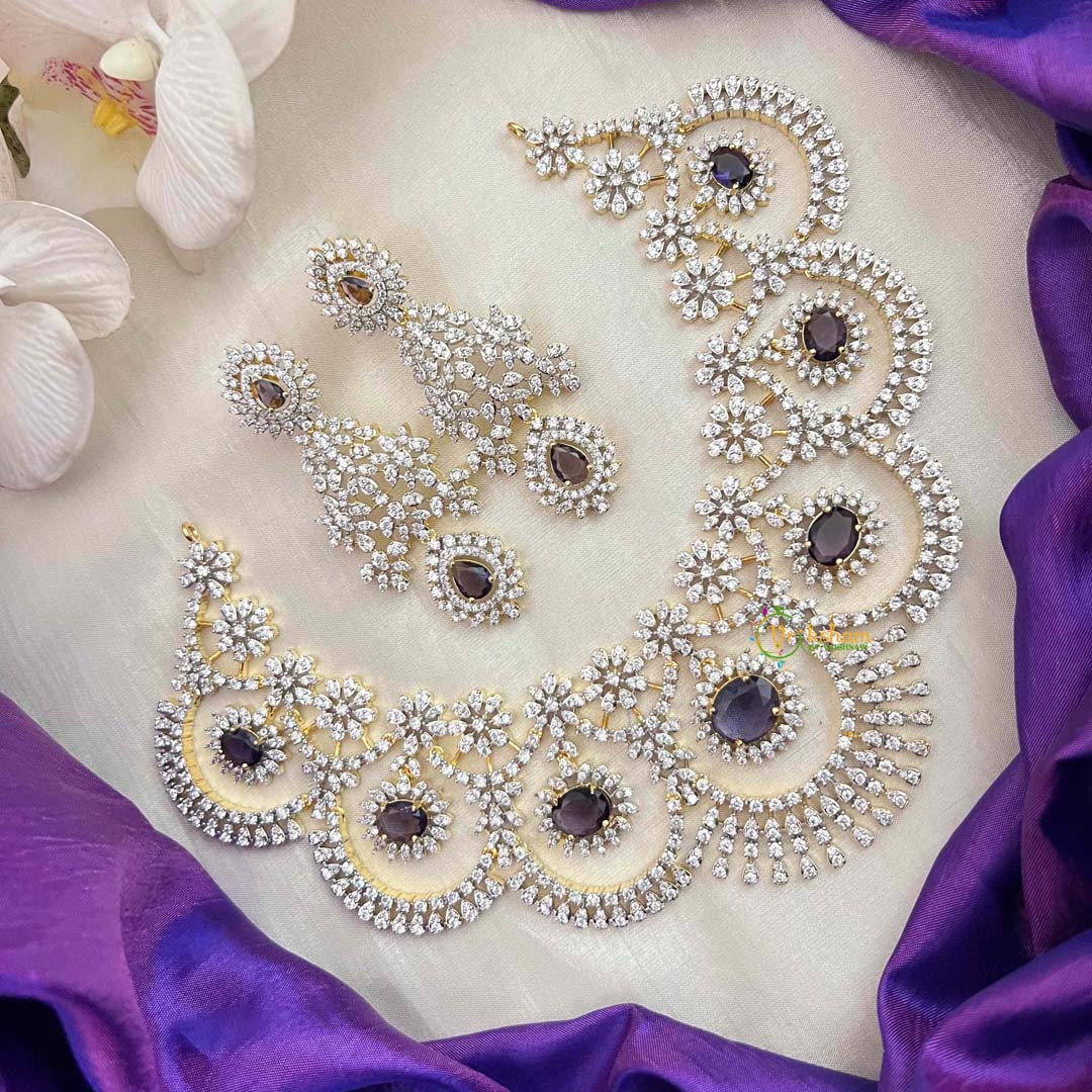 Vriksham Purple Bloom Scalloped American Diamond With Floral Drop Short Neckpiece-G21567