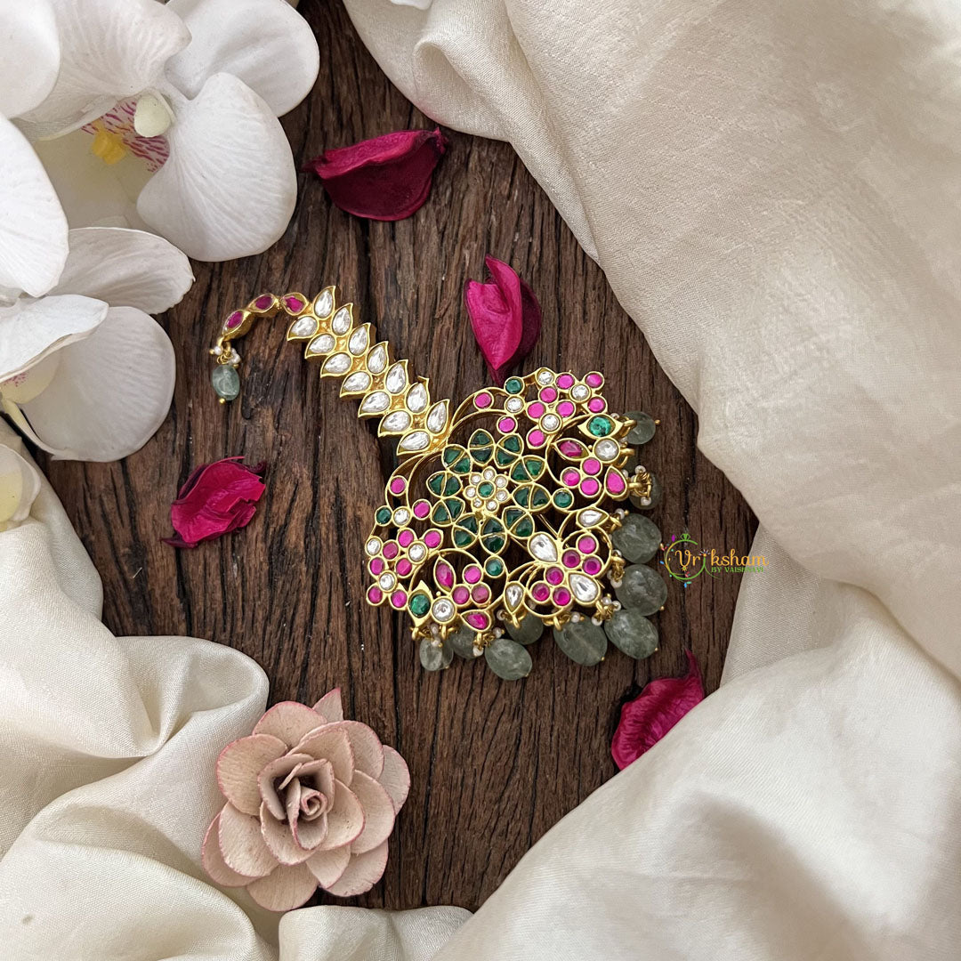 Vriksham Antique Floral Jadau Kundan Jada Billai-Green Bead-J3471