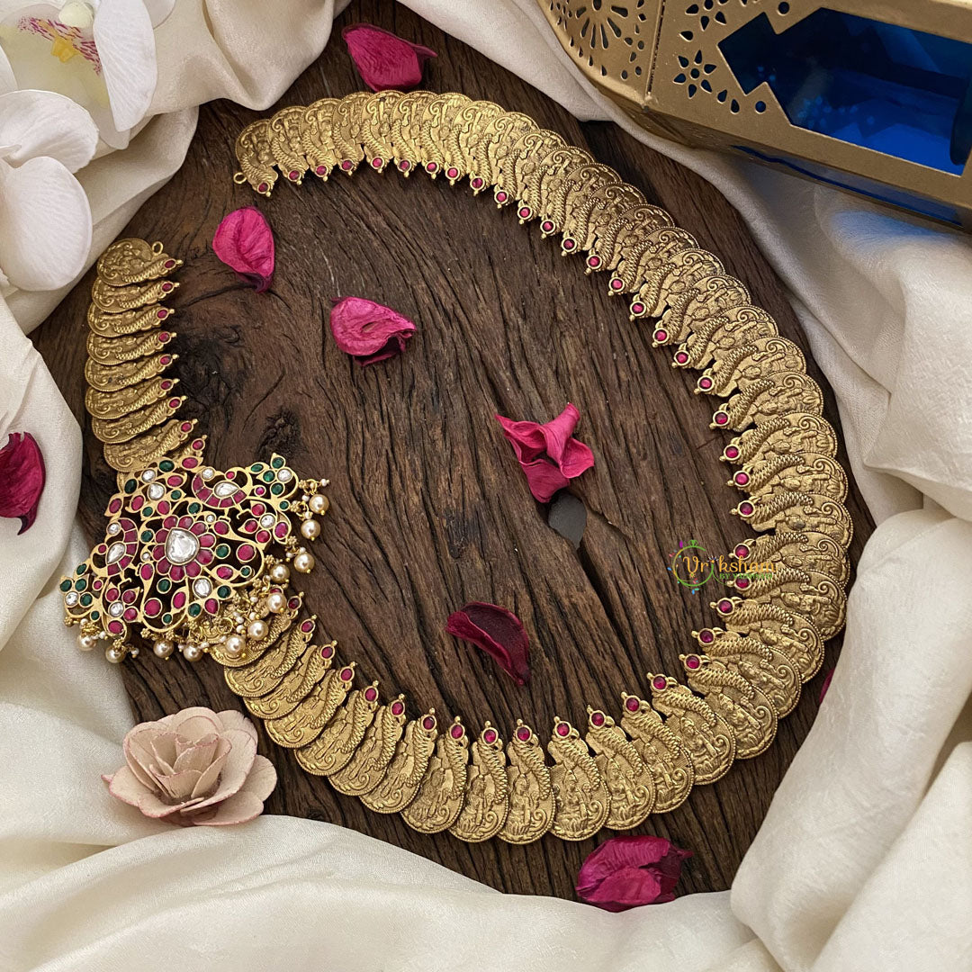 Vriksham Lakshmi Peacock Coin With Dual Peacock Moggapu Style Kundan Jadau Neckpiece-J2904