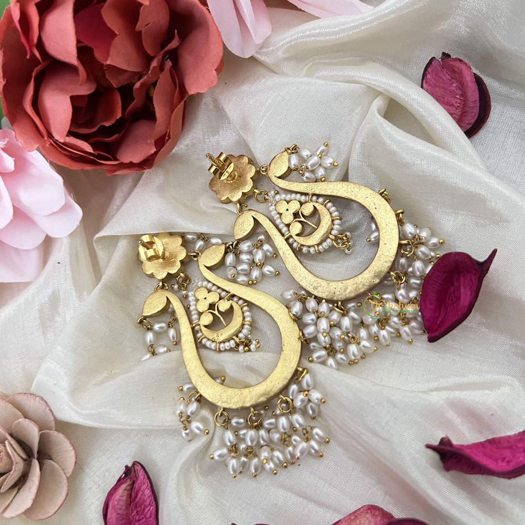 Vriksham Unique Dual Peacock Earring-Red Green & White-Rice Pearls-J3184