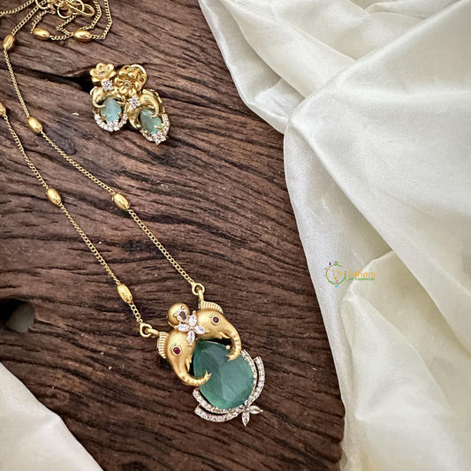 Stylish Dual Elephant Aqua Green AD Stone Pendant Chain-G14523