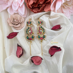 Vriksham Designer Lotus With Peacock  Bugadi Style Earring-Red Green & White-Pearls-J3168