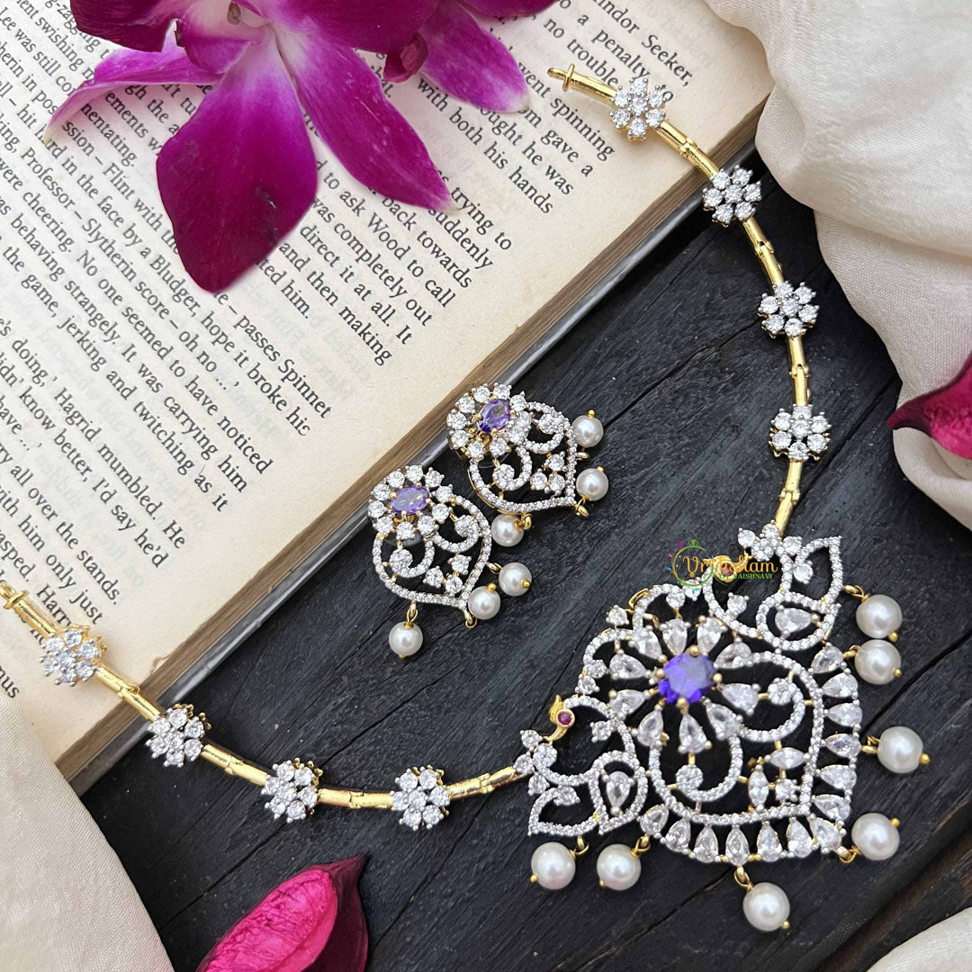 Vriksham Gold-Tone Floral Pendant With Pearls & Purple Stone AD Hasli Choker-G20207