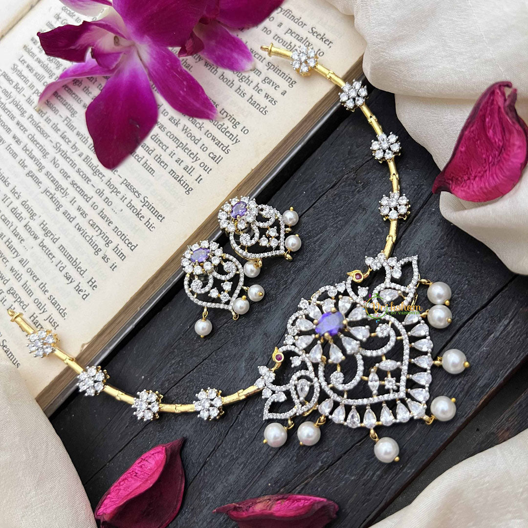 Vriksham Gold-Tone Floral Pendant With Pearls & Purple Stone AD Hasli Choker-G20207