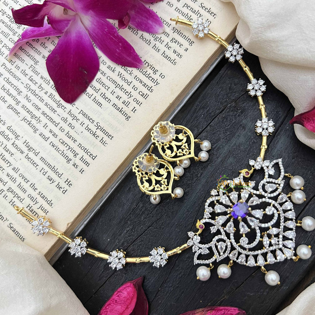 Vriksham Gold-Tone Floral Pendant With Pearls & Purple Stone AD Hasli Choker-G20207