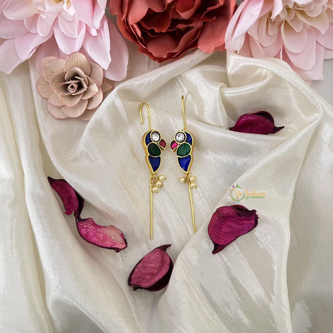 Vriksham  Parrot Bugadi Style Earring-Red Green & Blue-Pearls-J3174