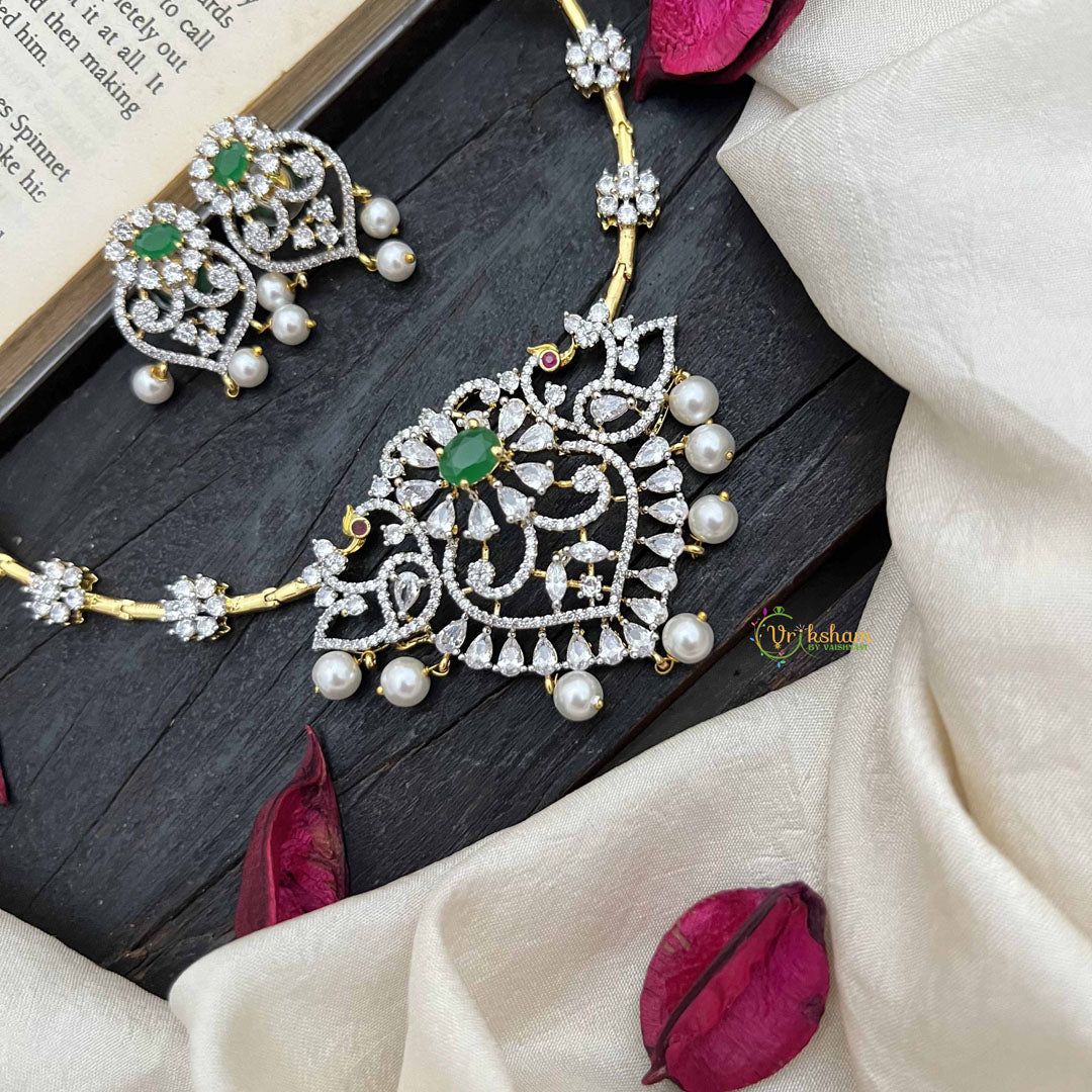 Vriksham Gold-Tone Floral Pendant With Pearls & Green Stone AD Hasli Choker-G20208