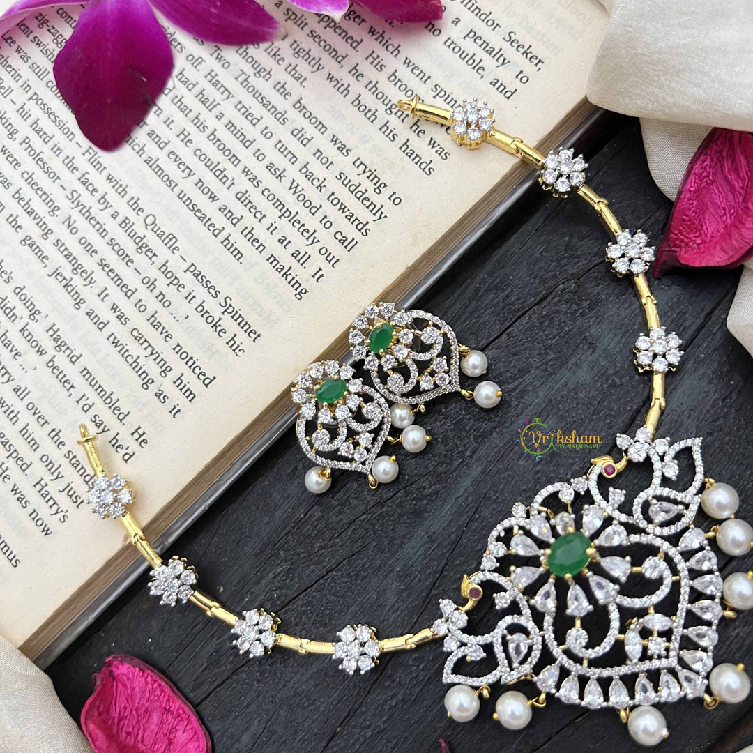 Vriksham Gold-Tone Floral Pendant With Pearls & Green Stone AD Hasli Choker-G20208