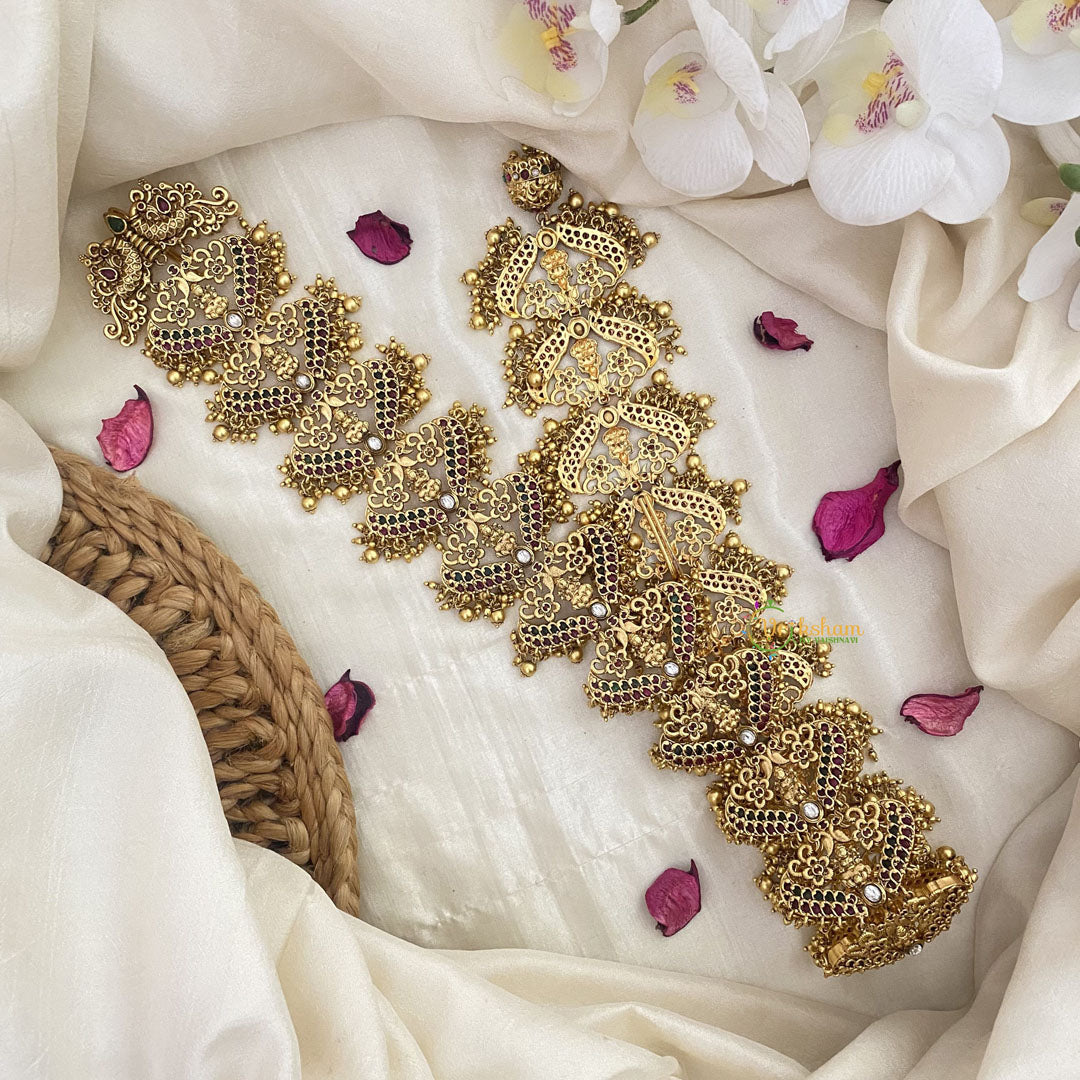 Vriksham Elegant Gold Look Alike Lakshmi Bridal Jada Billai-Red Green-Gold Bead-G16383
