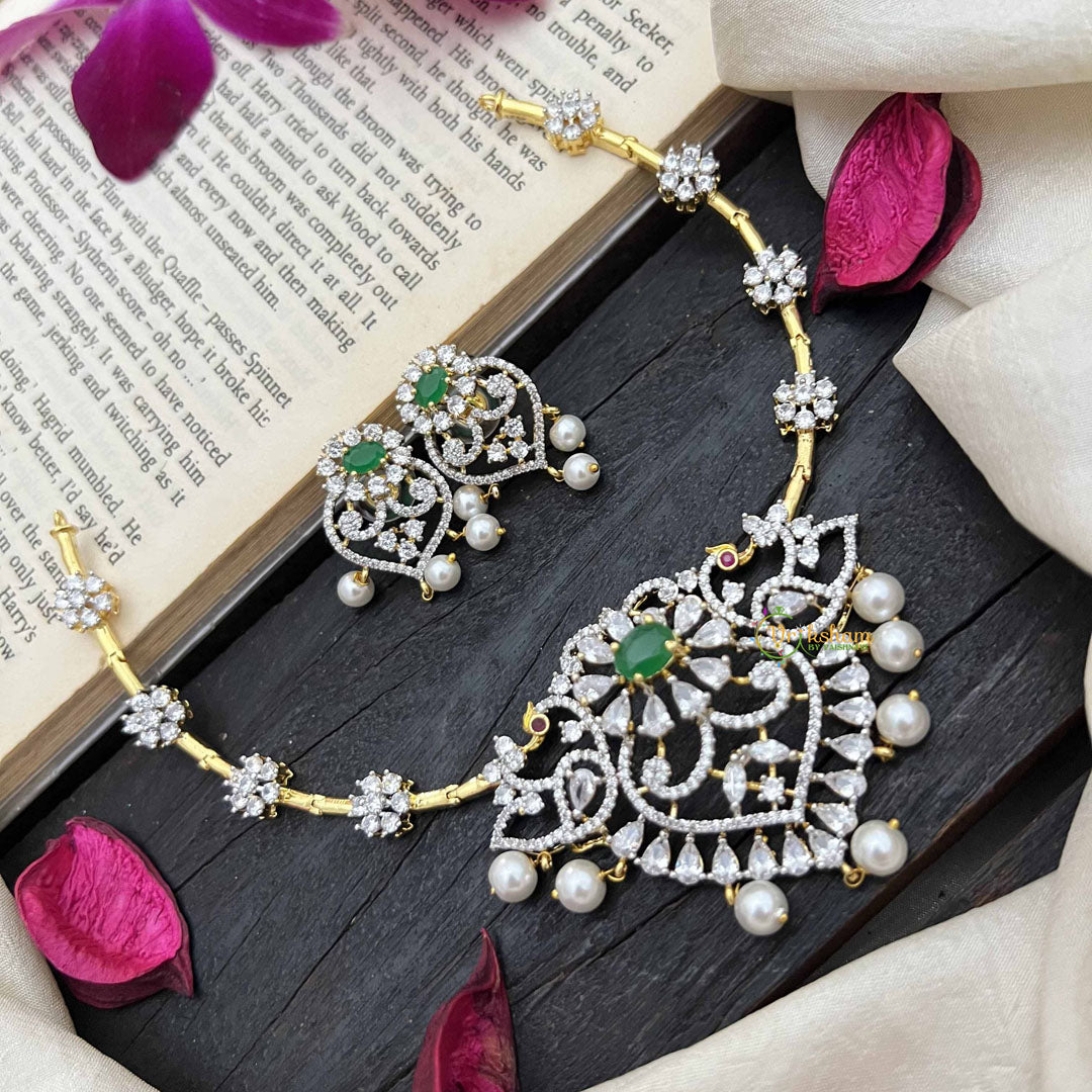 Vriksham Gold-Tone Floral Pendant With Pearls & Green Stone AD Hasli Choker-G20208