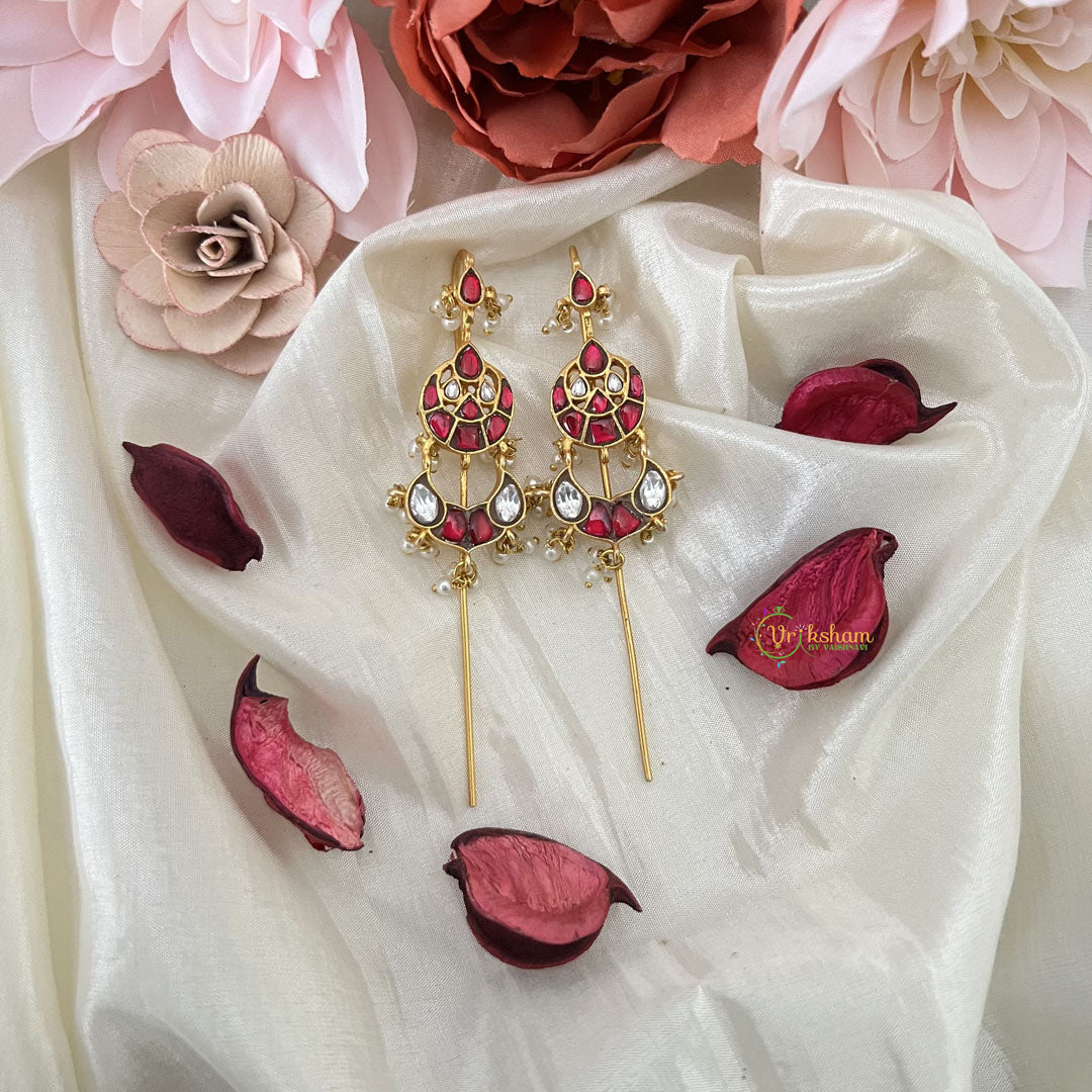 Vriksham  Half Moon Bugadi Style Earring-Red  & White-Pearls-J3173