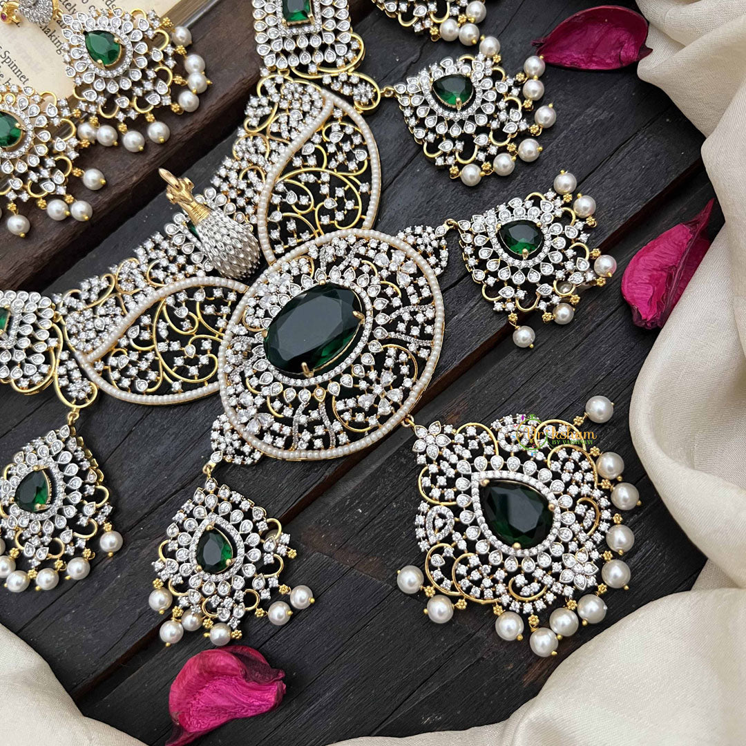 Vriksham Elegant Peacock Bridal With Emerald Green Centerpiece & Filigree Detailing AD Neckpiece-G20199