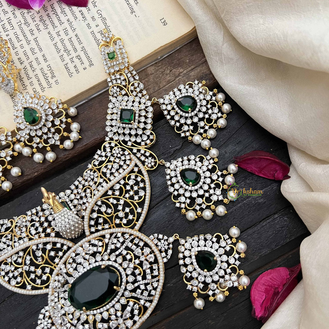 Vriksham Elegant Peacock Bridal With Emerald Green Centerpiece & Filigree Detailing AD Neckpiece-G20199