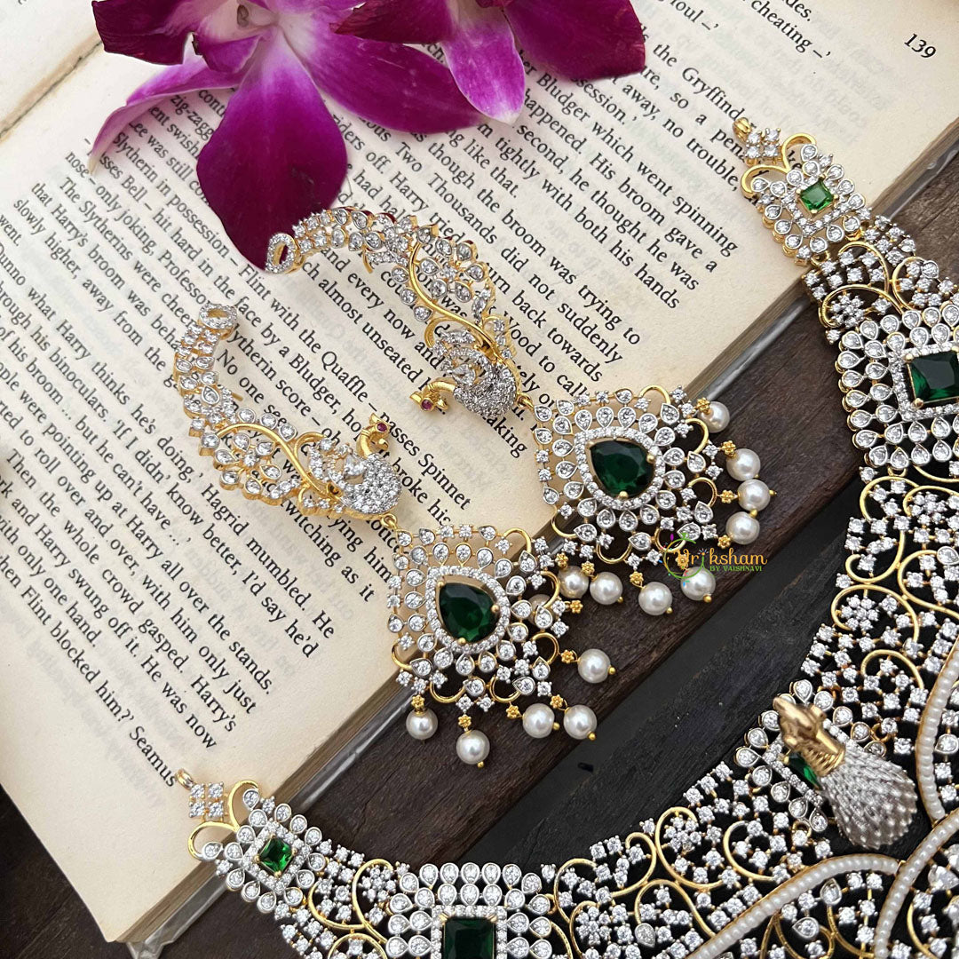 Vriksham Elegant Peacock Bridal With Emerald Green Centerpiece & Filigree Detailing AD Neckpiece-G20199
