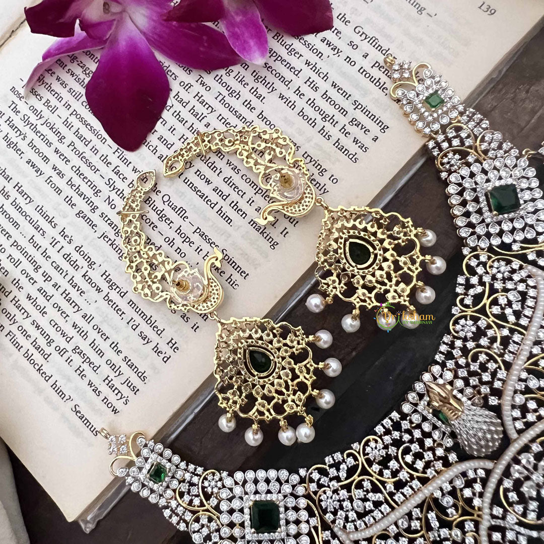 Vriksham Elegant Peacock Bridal With Emerald Green Centerpiece & Filigree Detailing AD Neckpiece-G20199