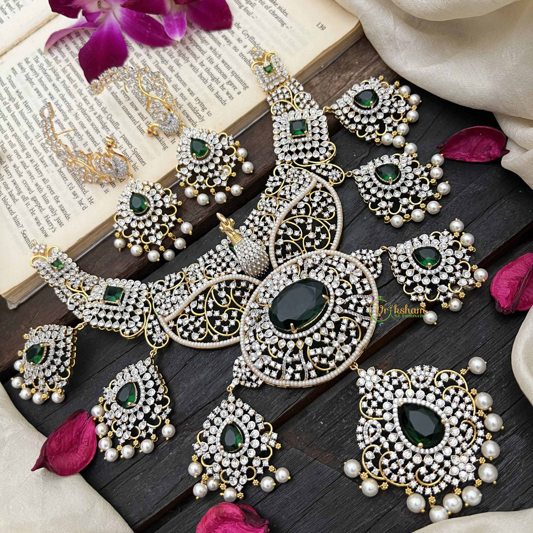 Vriksham Elegant Peacock Bridal With Emerald Green Centerpiece & Filigree Detailing AD Neckpiece-G20199