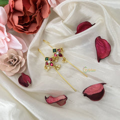 Vriksham  Floral Shape Bugadi Style Earring-Red Green & White-Pearls-J3169