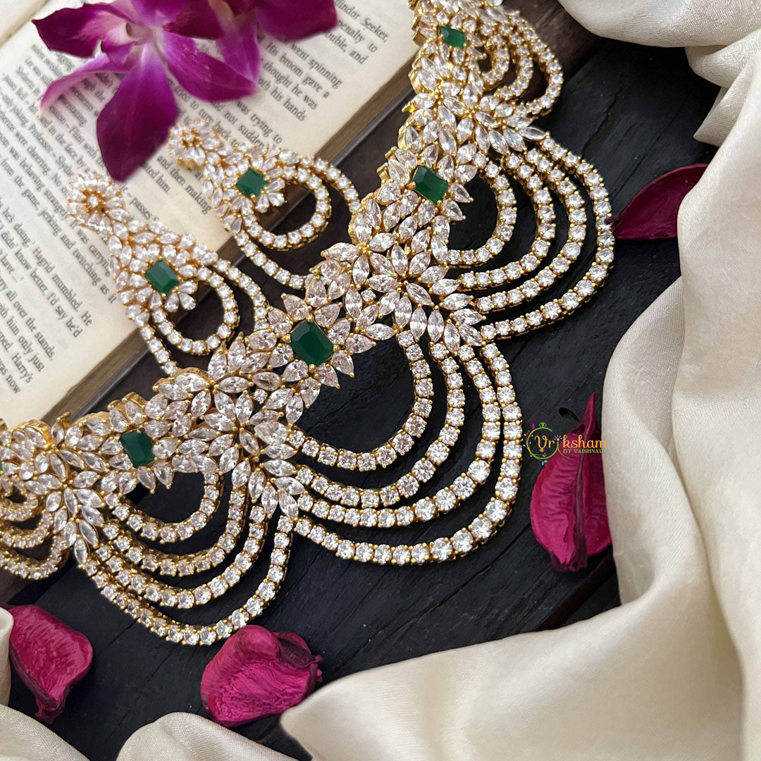 Vriksham Floral Design Bridal American Diamond Statement With Emerald Green Stones Choker-G20197