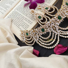 Vriksham Floral Design Bridal American Diamond Statement With Emerald Green Stones Choker-G20197