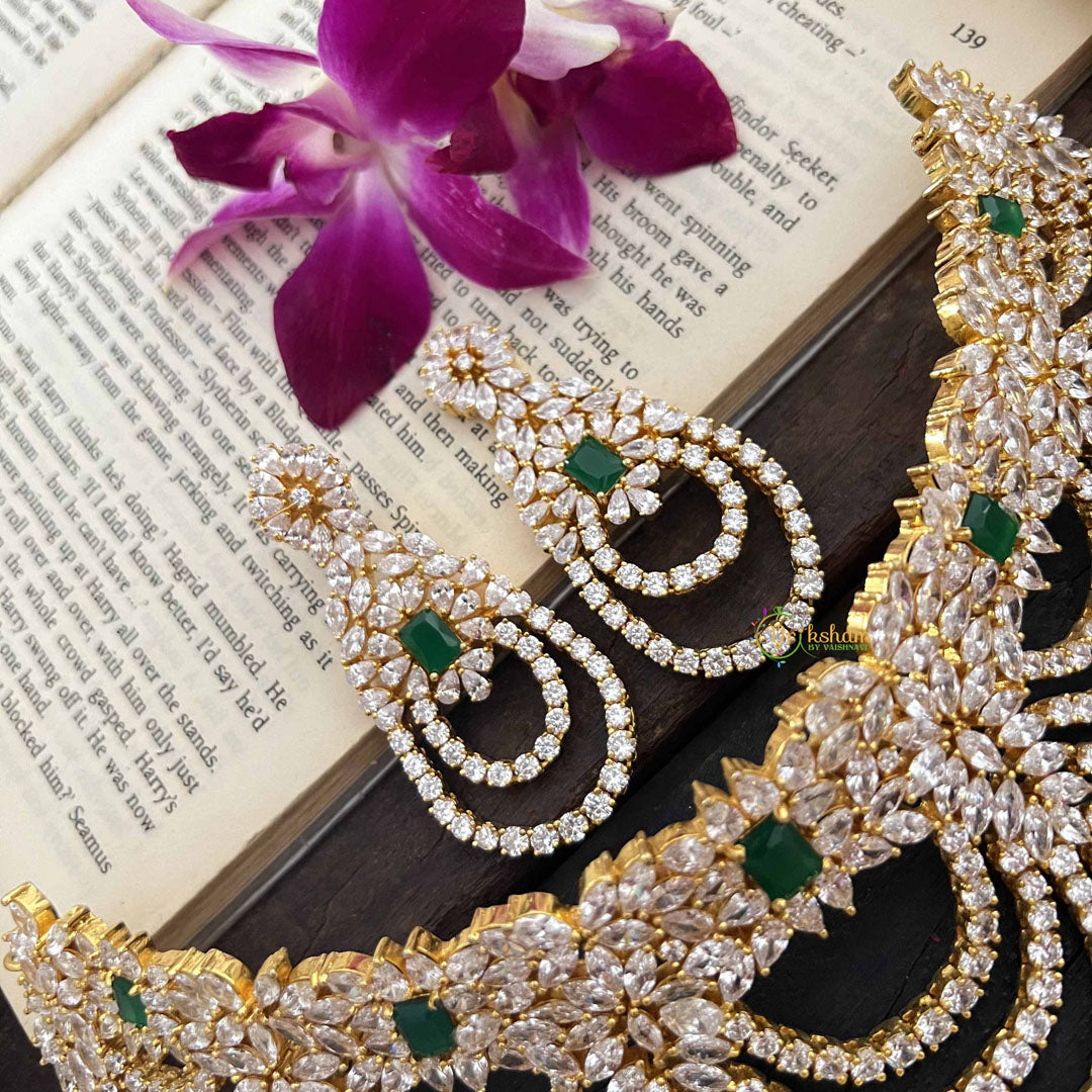 Vriksham Floral Design Bridal American Diamond Statement With Emerald Green Stones Choker-G20197