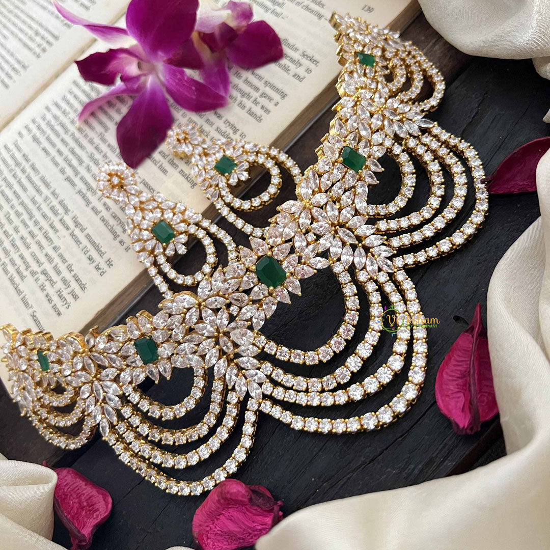 Vriksham Floral Design Bridal American Diamond Statement With Emerald Green Stones Choker-G20197