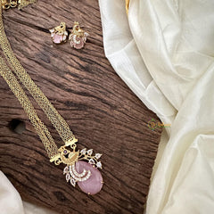 Stylish Baby Pink AD Stone Peacock Pendant Layered Chain-G14622