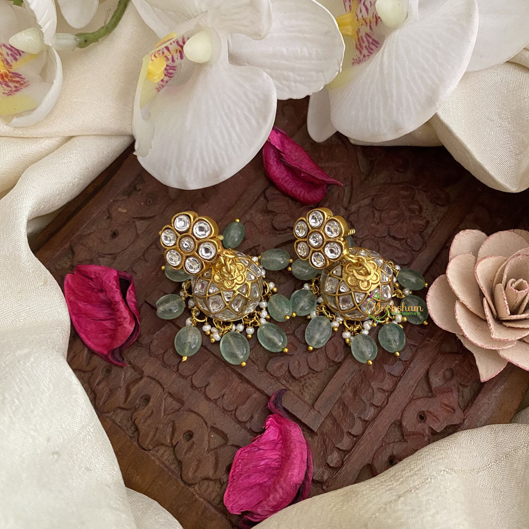 Vriksham Elegant White Kundan Jadau Jhumka-Pastel Green Beads-J2856