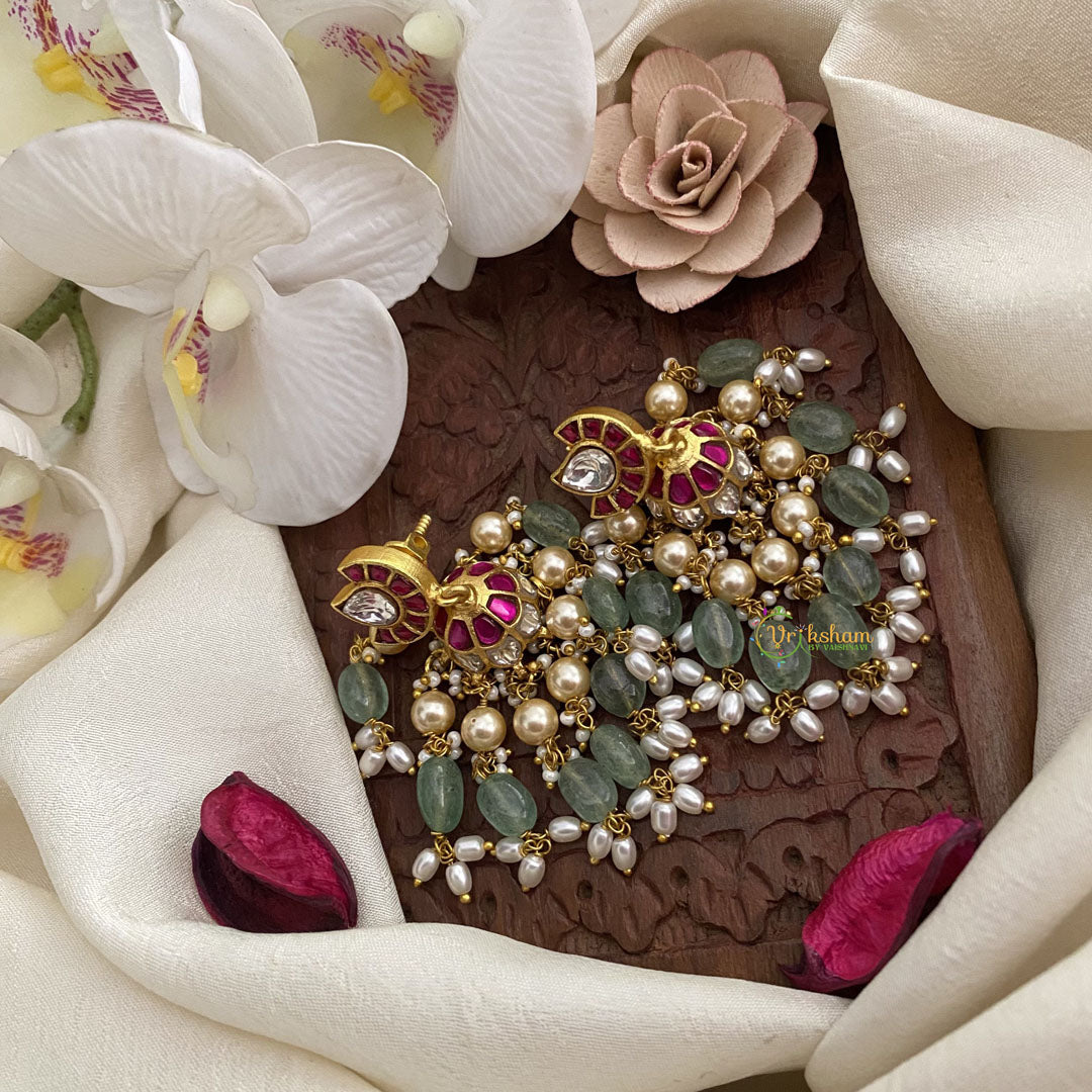 Vriksham Elegant Jadau Kundan Jhumka-Off White & Pastel Green Bead-Rice Pearl-J2844