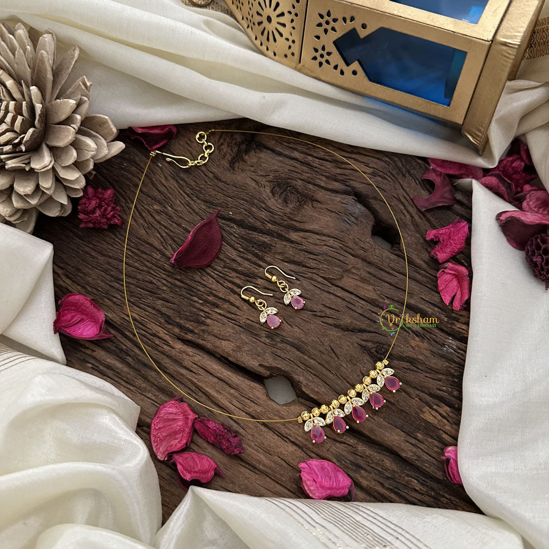 Vriksham 5 Tear Drop With Leaf Pendant Invisible Chain-Pink-G18441