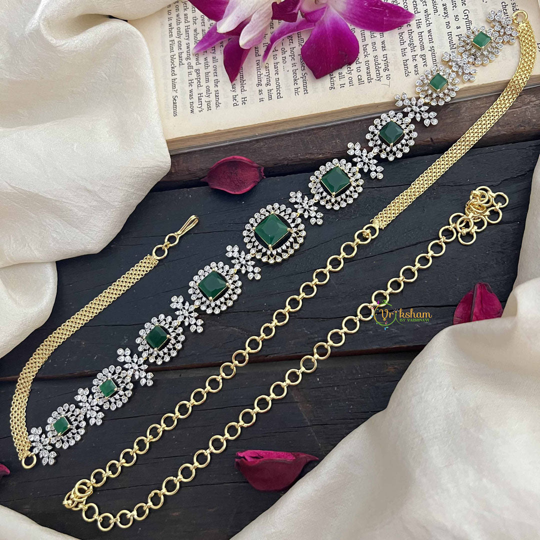 Vriksham Elegant Square Green Stone With Floral Accents AD Stone Hipchain-G20250
