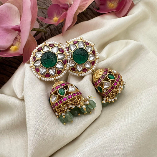 Elegant Jadau Kundan Floral Jhumkas-Aqua Green Bead-Pearl-J2150