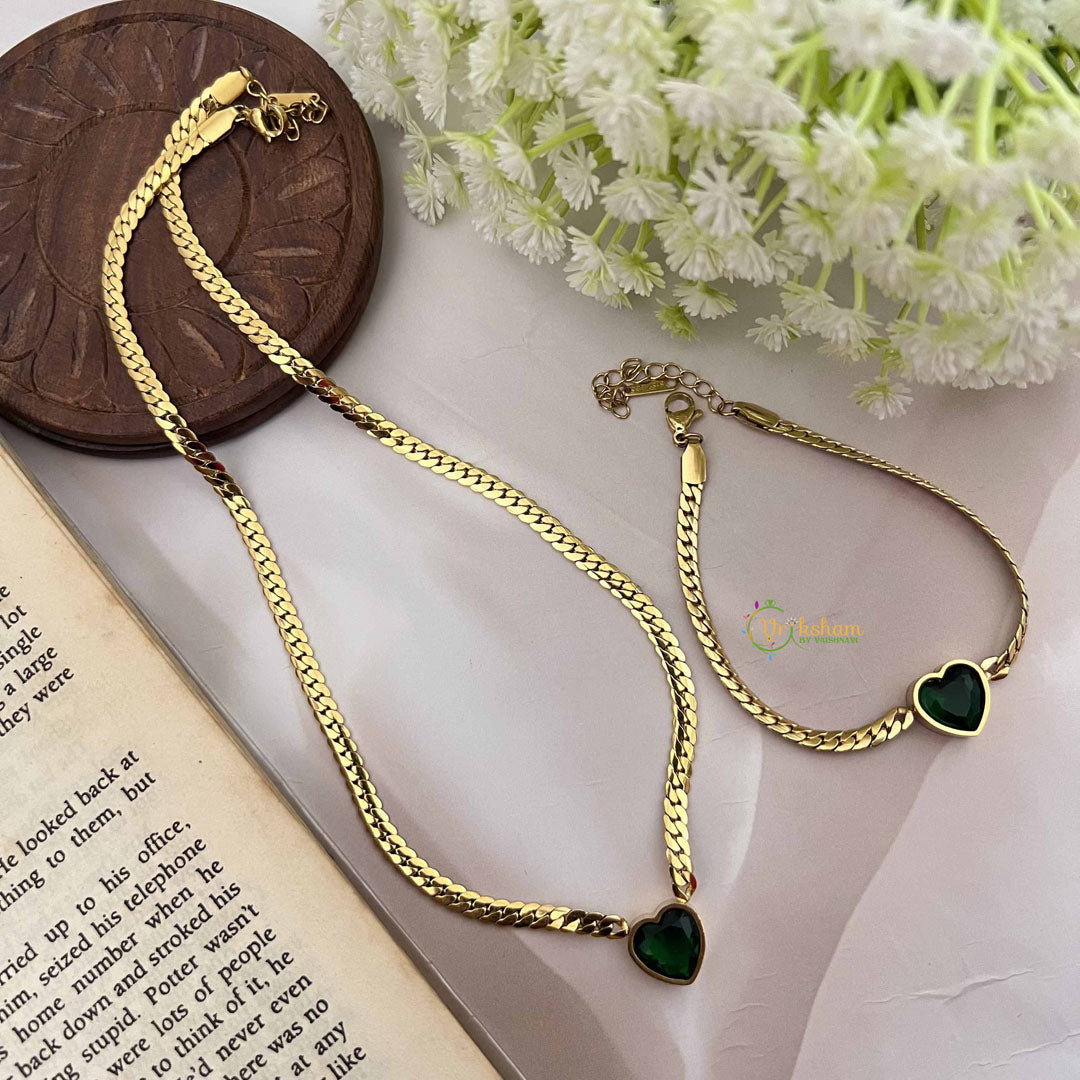 Vriksham Combo Stylish Gold Plated Green Heart Anti Tarnish Necklace Chain & Bracelet-G20966