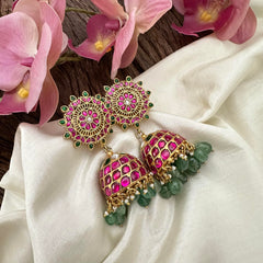 Statement Jadau Kundan Jhumkas-Aqua Green Bead-Pearl-J2152