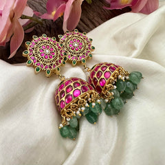 Statement Jadau Kundan Jhumkas-Aqua Green Bead-Pearl-J2152