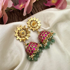 Statement Jadau Kundan Jhumkas-Aqua Green Bead-Pearl-J2152