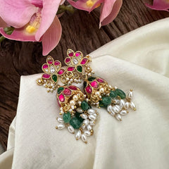 Lotus Jadau Kundan Jhumkas-Green Beads-Rice Pearl-J2130