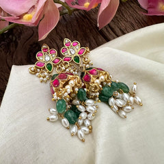 Lotus Jadau Kundan Jhumkas-Green Beads-Rice Pearl-J2130