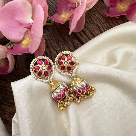 Designer Red White Jadau Kundan Jhumkas-Golden Bead-Pearl-J2151