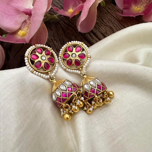 Designer Red White Jadau Kundan Jhumkas-Golden Bead-Pearl-J2151