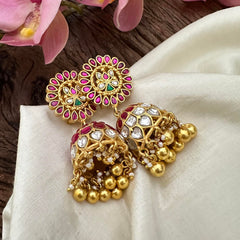 Premium Jadau Kundan Jhumkas-Golden Beads-Pearl-J2136