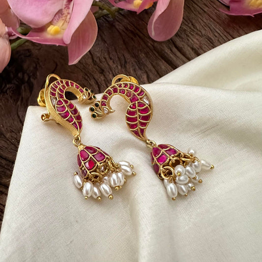 Antique Peacock Jadau Kundan Jhumkas-Rice Pearl-J2143