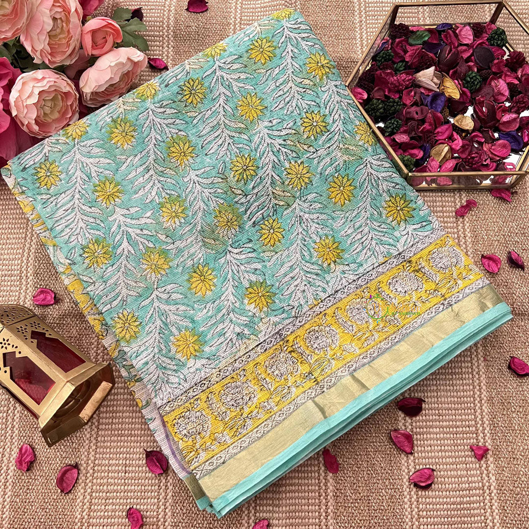 Vriksham Mint & Yellow Floral Print Hand block Kota Cotton Saree-VS4928