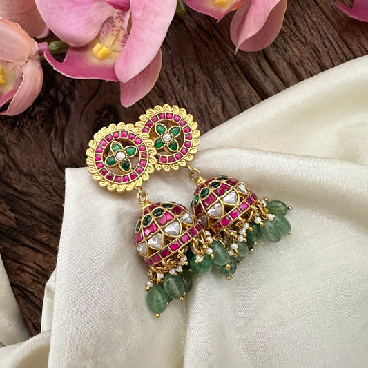 Floral Jadau Kundan Jhumkas-Aqua Green Beads-Pearl-J2131