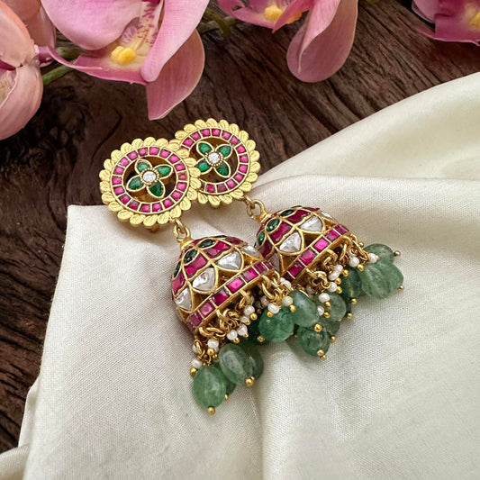 Floral Jadau Kundan Jhumkas-Aqua Green Beads-Pearl-J2131