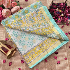 Vriksham Mint & Yellow Floral Print Hand block Kota Cotton Saree-VS4928